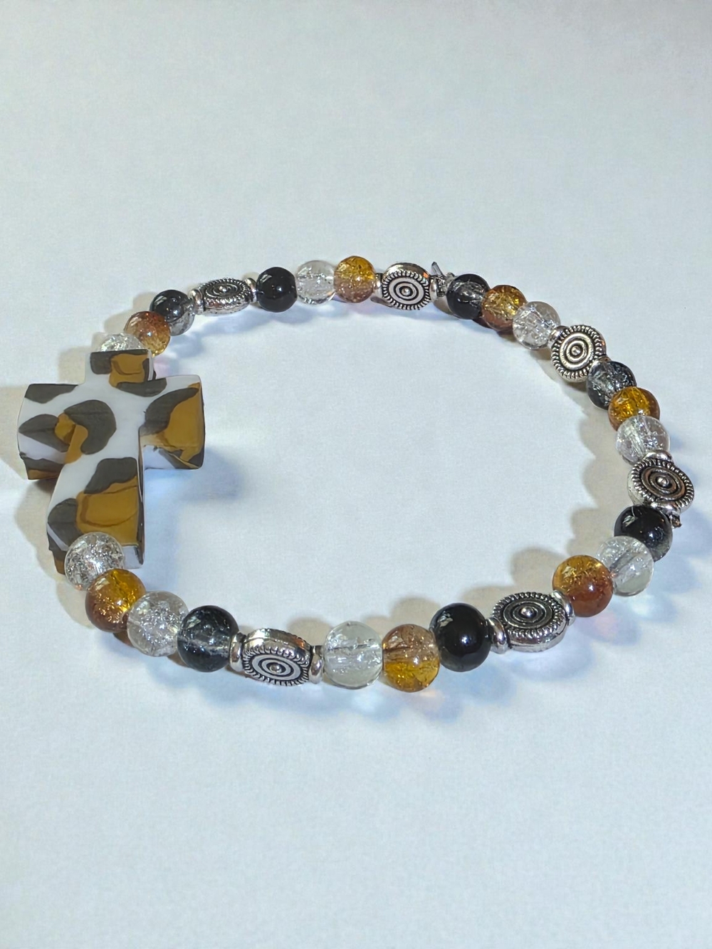Leopard Print Cross Beaded Stretch Bracelet
